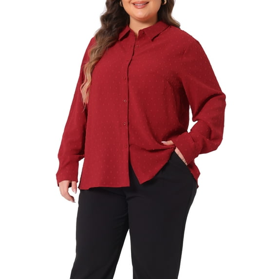 Agnes Orinda Women's Plus Size Tops Swiss Dots Long Sleeves Button Down Tee Shirt Blouses 1X Red