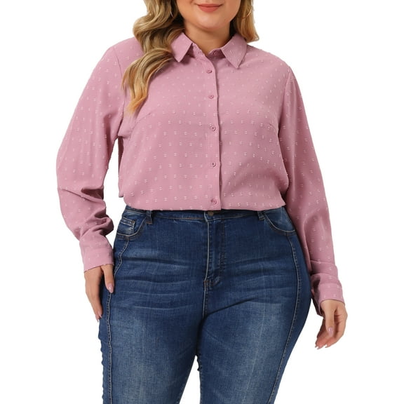 Agnes Orinda Women's Plus Size Tops Swiss Dots Long Sleeves Button Down Tee Shirt Blouses 2X Pink