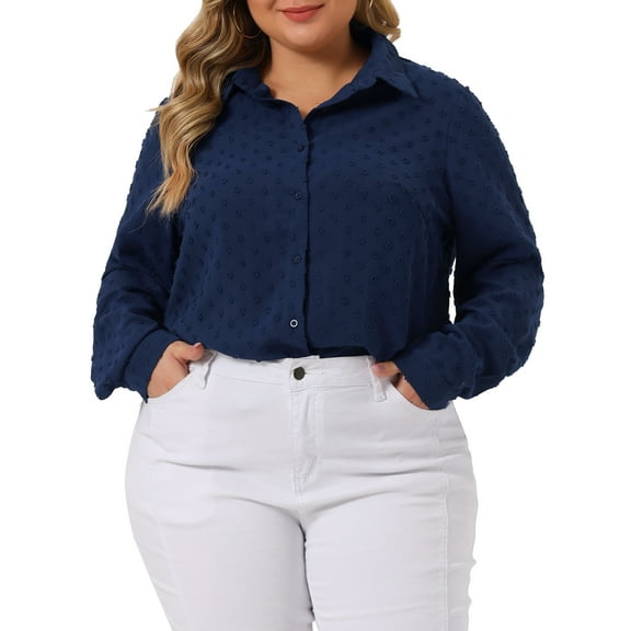 Agnes Orinda Women's Plus Size Tops Swiss Dots Long Sleeves Button Down Tee Shirt Blouses 4X Navy Blue