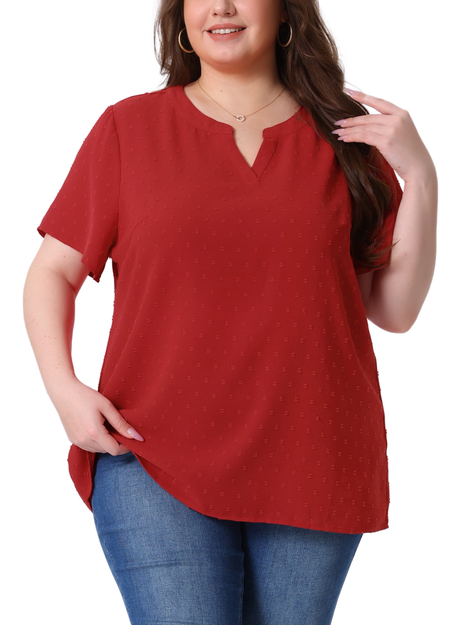 Agnes Orinda Women's Plus Size Tops Swiss Dots Short Sleeve Notched ...