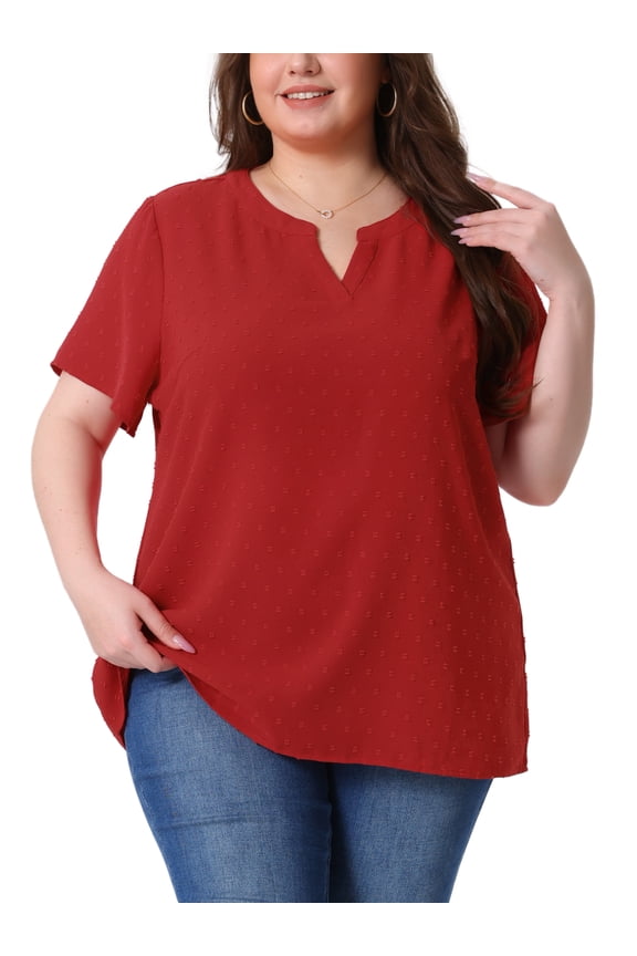 Women's Plus Size Tops Swiss Dots Short Sleeve Notched Neck Spring Summer Blouses 2X Red