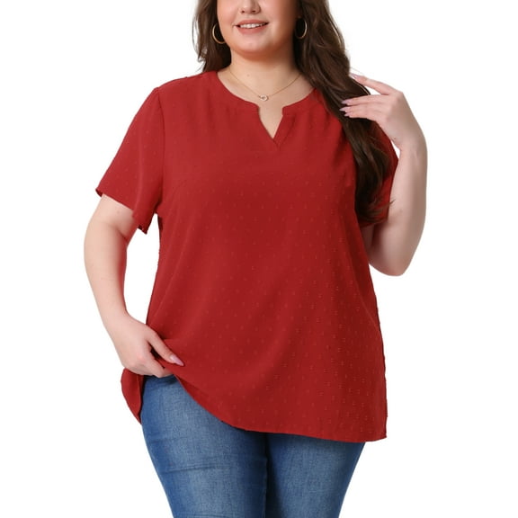 Agnes Orinda Women's Plus Size Valentines Day Tops Swiss Dots Short Sleeve Notched Neck Spring Summer Blouses 3X Red
