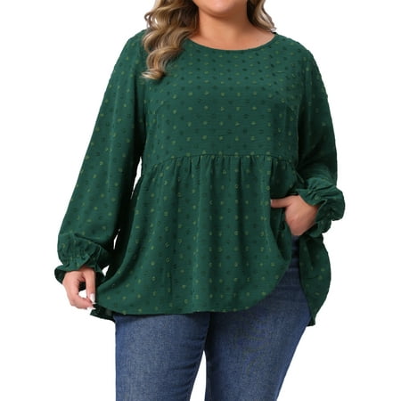 Agnes Orinda Women's Plus Size Tops Swiss Dots Tiered Peplum Crew Neck Puff Sleeve Casual Babydoll Blouses 1X Dark Green