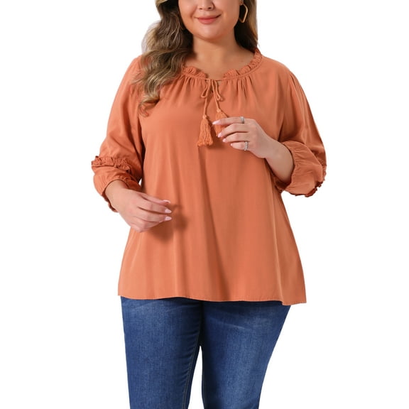 Agnes Orinda Women's Plus Size Tops Tassel Flutter Self Tie V Neck 3/4 Sleeve Blouses 2X Orange