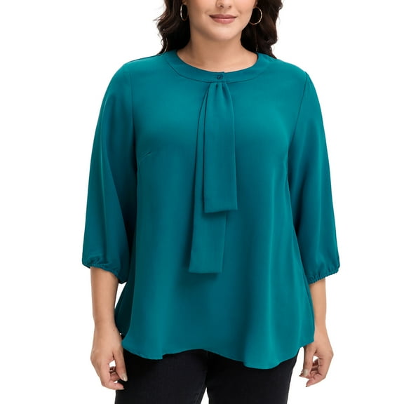 Agnes Orinda Women's Plus Size Tops Tie Crew Neck 3/4 Ruffle Sleeves Blouse Work Casual Chiffon Shirt 2X Blue Green