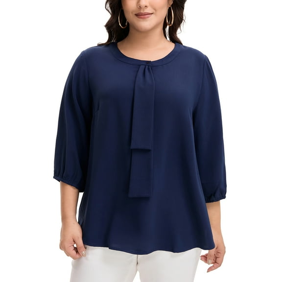 Agnes Orinda Women's Plus Size Tops Tie Crew Neck 3/4 Ruffle Sleeves Blouse Work Casual Chiffon Shirt 3X Navy Blue