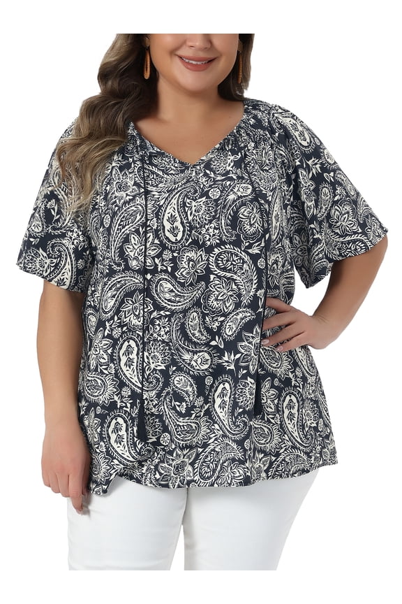 Women's Plus Size Tops Tie Crew Neck Short Sleeve Boho Print Blouse Summer Vacation Casual t Shirt 3X Black