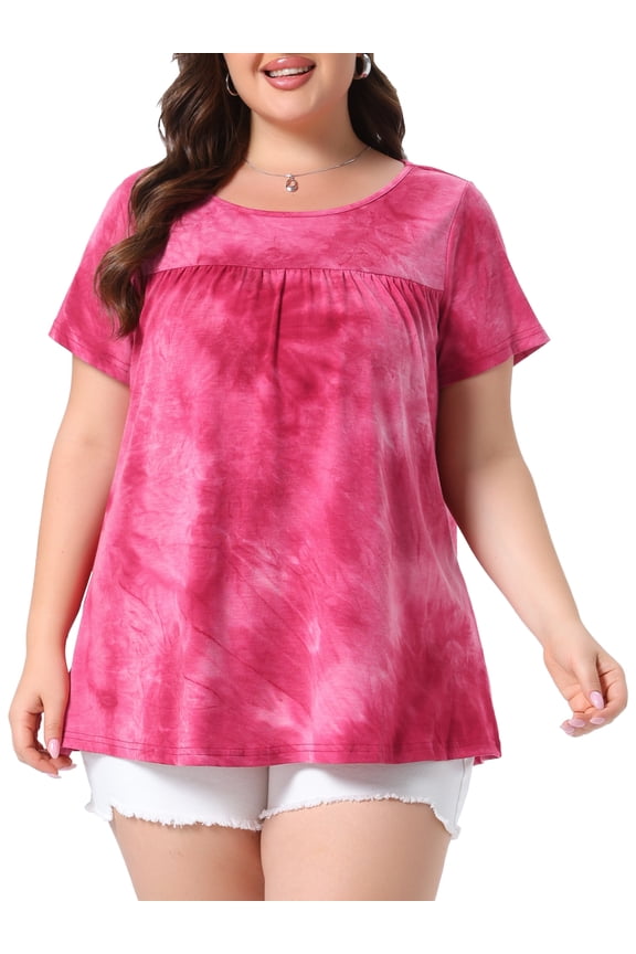 Women's Plus Size Tops Tie Dye Short Sleeve Casual Round Neck Pleated Summer Basic T Shirts 2X Hot Pink