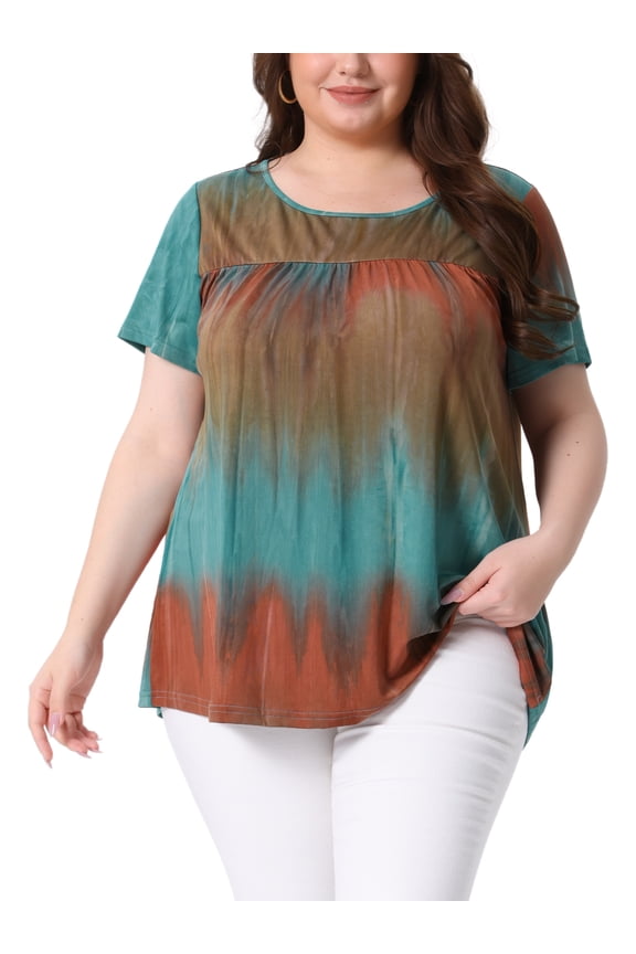 Women's Plus Size Tops Tie Dye Short Sleeve Casual Round Neck Pleated Summer Basic T Shirts 3X Blue Brown