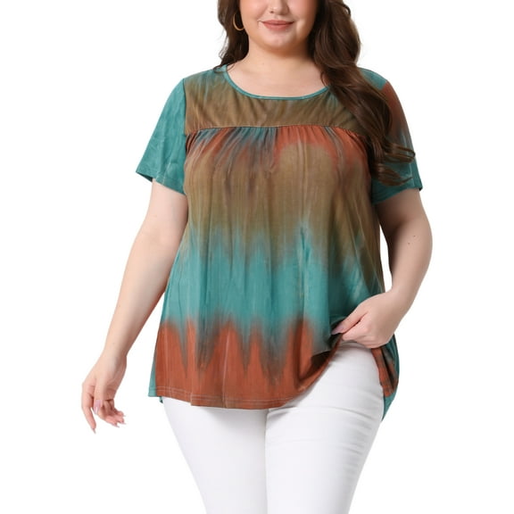 Agnes Orinda Women's Plus Size Tops Tie Dye Short Sleeve Casual Round Neck Pleated Summer Basic T Shirts 4X Blue Brown