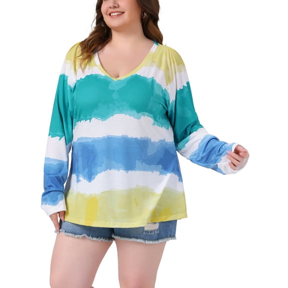 Agnes Orinda Women's Plus Size Tops Tie Dye V Neck Long Sleeve T-Shirts Basics Casual Blouses 3X Yellow