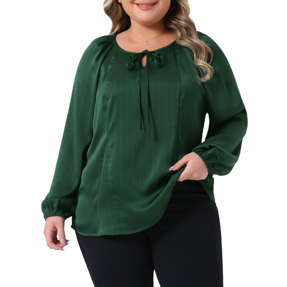 Agnes Orinda Women's Plus Size Tops Tie Front Keyhole Long Sleeve Elegant Shirt 2025 Fall Dressy Blouse 1X Green
