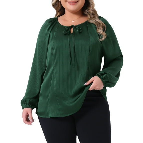 Agnes Orinda Women's Plus Size Tops Tie Front Keyhole Long Sleeve Elegant Shirt 2025 Fall Dressy Blouse 1X Green