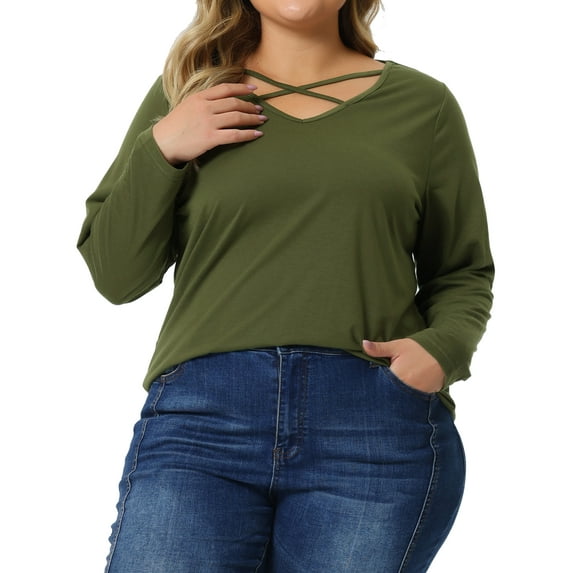 Agnes Orinda Women's Plus Size Tops Tshirts Cross V Neck Casual Long Sleeves Blouse Top 2X Army Green