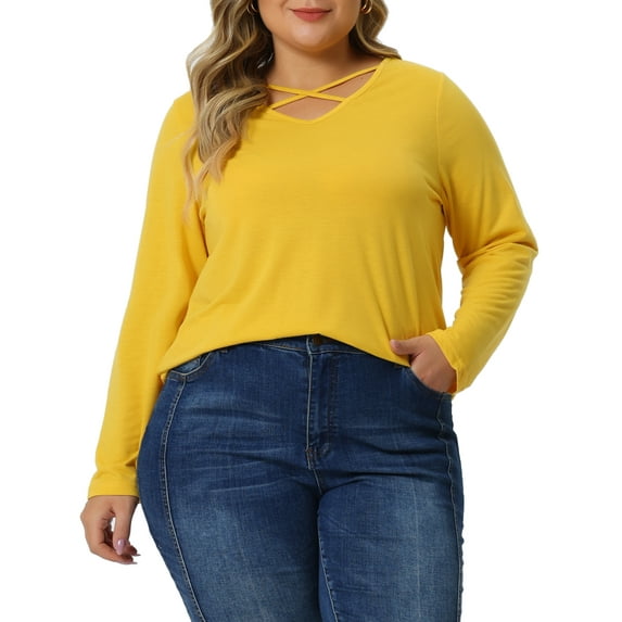 Agnes Orinda Women's Plus Size Tops Tshirts Cross V Neck Casual Long Sleeves Blouse Top 2X Yellow