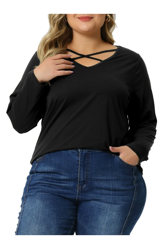 Women's Plus Size Tops Tshirts Cross V Neck Casual Long Sleeves Blouse Top 3X Black
