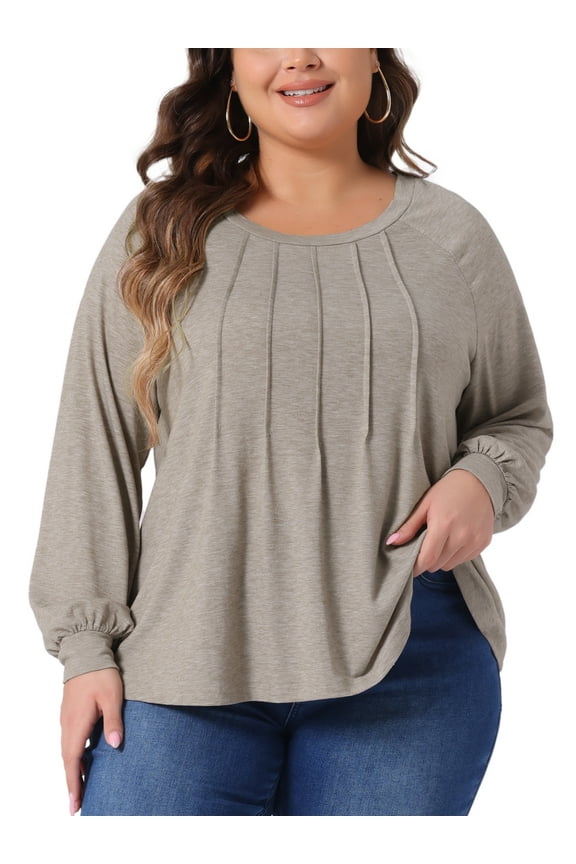 Women's Plus Size Tops Tunic Crew Neck Pleated Dressy Long Sleeve Shirts Blouse 1X Light Khaki