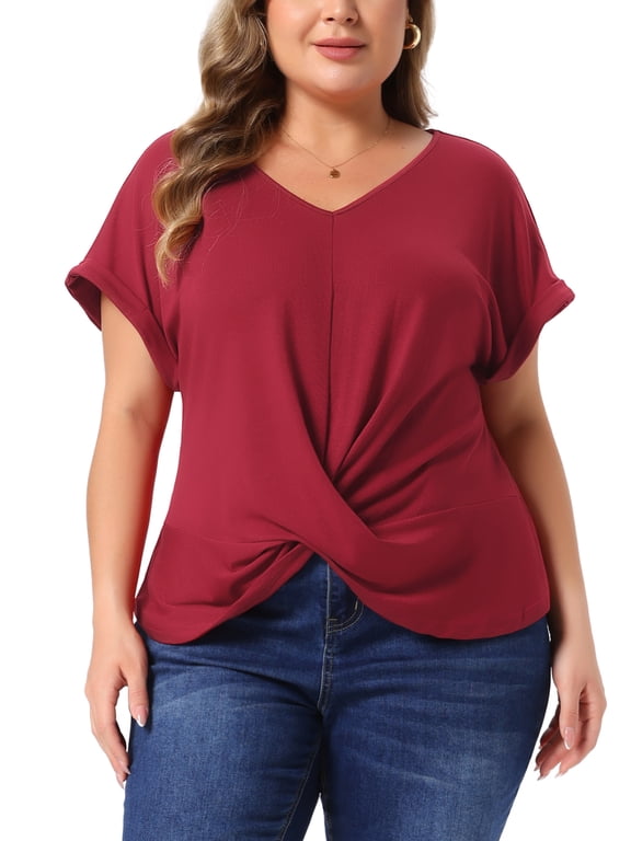 Women's Plus Size Tops Twist Knot V Neck Short Sleeve Summer Casual Blouses 3X Burgundy
