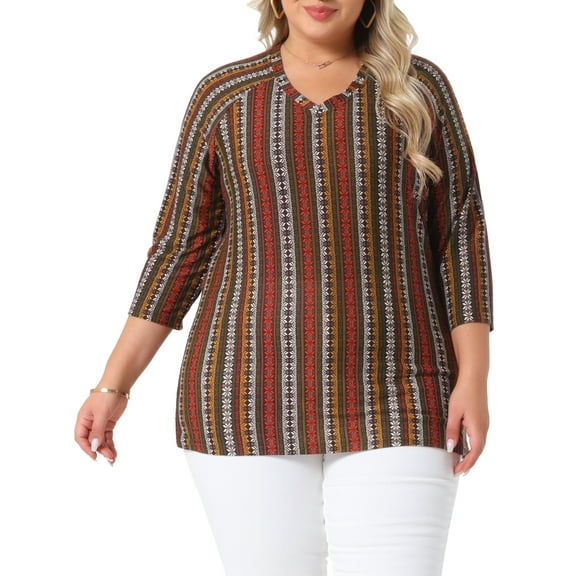 Agnes Orinda Women's Plus Size Tops V Neck 3/4 Sleeve Knit Tee Shirt Stripe Boho Blouses 2X Red Brown