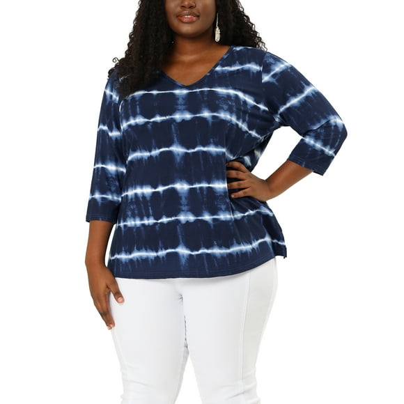 Agnes Orinda Women's Plus Size Tops Tie Dye Stripes V Neck 3/4 Sleeves Tunic Casual Blouses 1X Blue