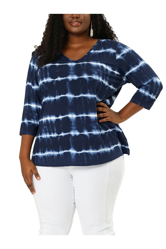 Women's Plus Size Tops Tie Dye Stripes V Neck 3/4 Sleeves Tunic Casual Blouses 1X Blue