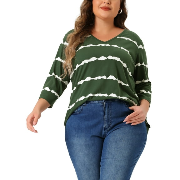 Agnes Orinda Women's Plus Size Tops Tie Dye Stripes V Neck 3/4 Sleeves Tunic Casual Blouses 1X Dark Green