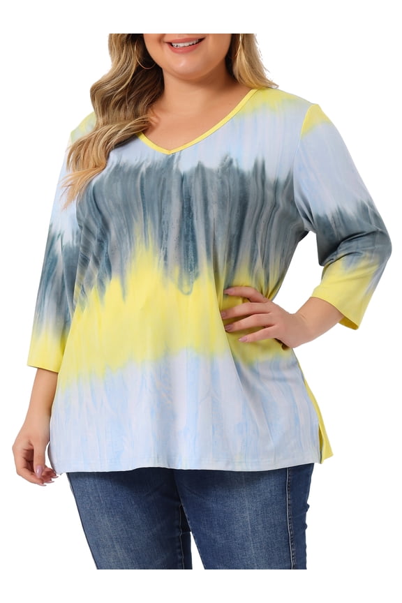 Women's Plus Size Tops Tie Dye Stripes V Neck 3/4 Sleeves Tunic Casual Blouses 3X Gray Yellow