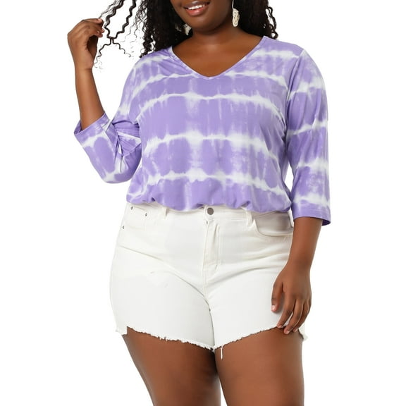 Agnes Orinda Women's Plus Size Tops Tie Dye Stripes V Neck 3/4 Sleeves Tunic Casual Blouses 3X Purple