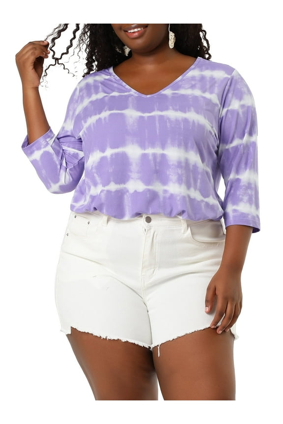 Women's Plus Size Tops V Neck 3/4 Sleeves Tie Dye Stripes Tunic Shirt Blouses 3X Purple