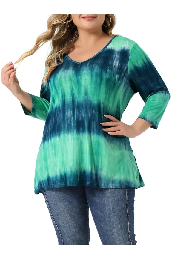 Women's Plus Size Tops Tie Dye Stripes V Neck 3/4 Sleeves Tunic Casual Blouses L Tiedye Green