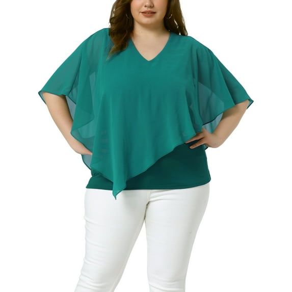 Agnes Orinda Women's Plus Size Tops V Neck Flowy Shirt Double Layered Chiffon Blouse 2X Lake Blue