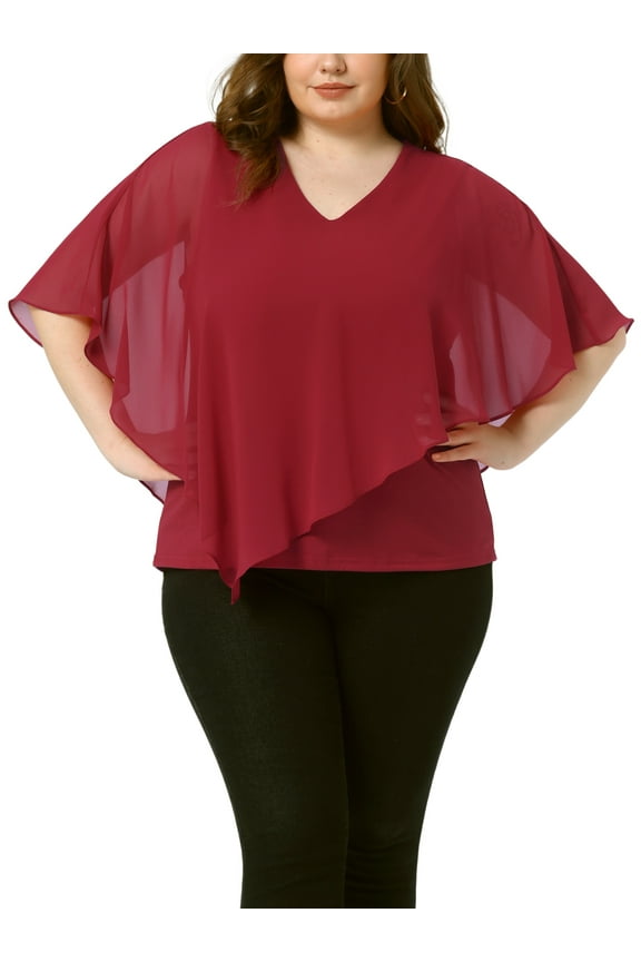 Women's Plus Size St. Patrick's Day Tops V Neck Flowy Shirt Double Layered Chiffon Blouse 2X Wine Red