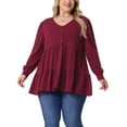 thumbnail image 1 of Agnes Orinda Women's Plus Size Tops V Neck Long Sleeve Button Peplum Tunics Babydoll TunicTops 3X Burgundy, 1 of 6
