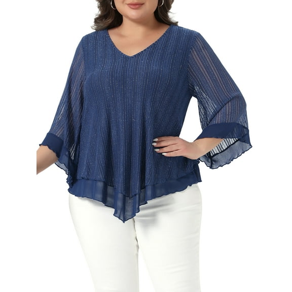 Agnes Orinda Women's Plus Size Tops V Neck Ruffle 3/4 Sleeve Double Layers Loose Fit Mesh Tunic Blouses 4X Navy Blue