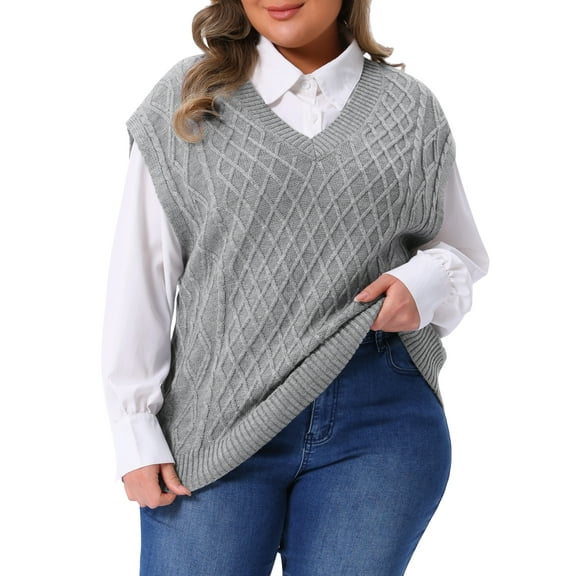 Agnes Orinda Women's Plus Size Tops V Neck Sleeveless Sweater Ribbed Knit Solid Casual Pullover Sweaters Vest 3X Gray