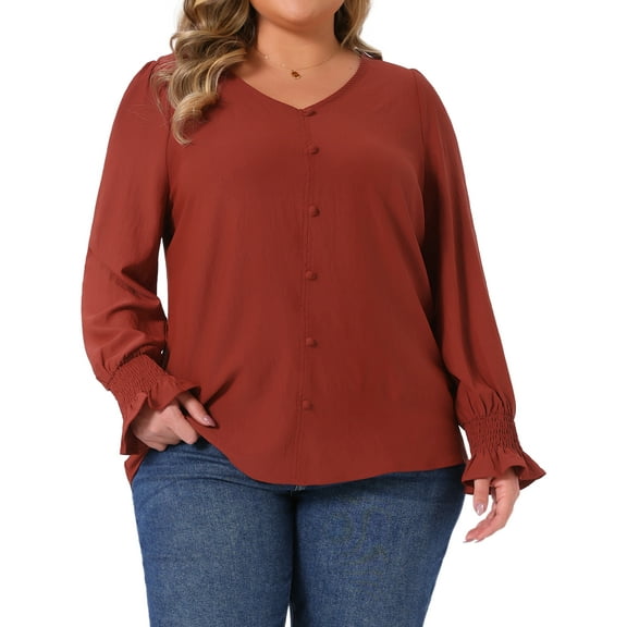 Agnes Orinda Women's Plus Size Tops V Neck Smocked Long Sleeve Button Decor Front Casual Chiffon Blouse Top 1X Burgundy