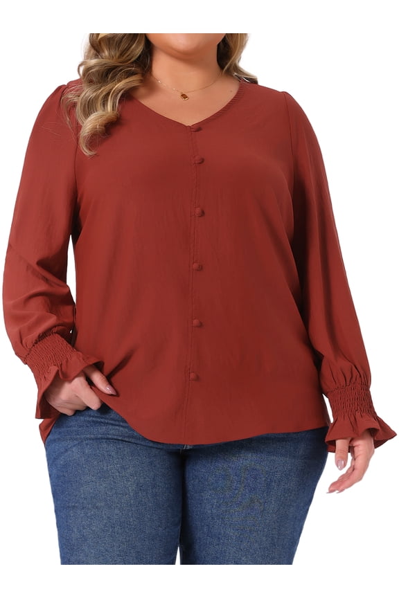 Women's Plus Size Tops V Neck Smocked Long Sleeve Button Decor Front Casual Chiffon Blouse Top 4X Burgundy