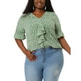 thumbnail image 1 of Agnes Orinda Women's Plus Size Blouse Ruffle Front Smocked Sleeves V Neck Solid Casual Tops 3X White Green, 1 of 9