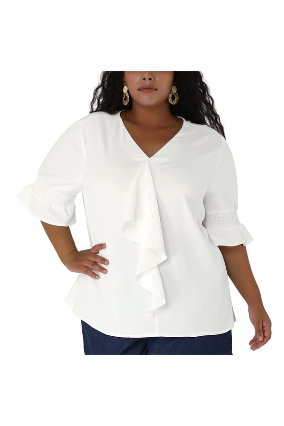 Women's Plus Size Blouse Ruffle Front Smocked Sleeves V Neck Solid Casual Tops 3X White