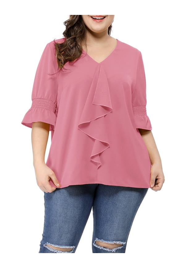 Women's Plus Size Blouse Ruffle Front Smocked Sleeves V Neck Solid Casual Tops 4X Pink