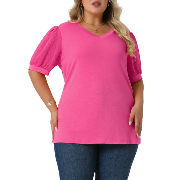 Agnes Orinda Women's Plus Size Tops V Neck Swiss Dots Puff Sleeve Casual Blouses Tee 4X Hot Pink