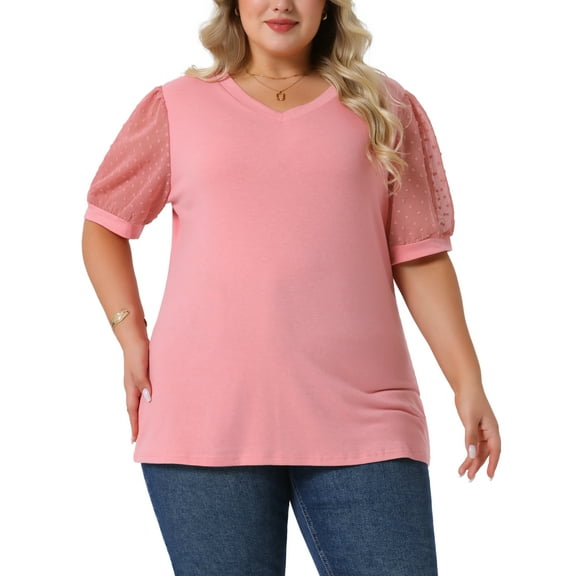 Agnes Orinda Women's Plus Size Tops V Neck Swiss Dots Puff Sleeve Casual Blouses Tee 4X Pink