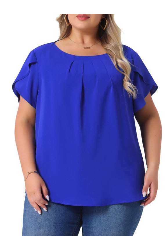 Women's Plus Size Work Pleated Short Sleeve Round Neck Tulip Sleeves Summer Blouses 2X Royal Blue