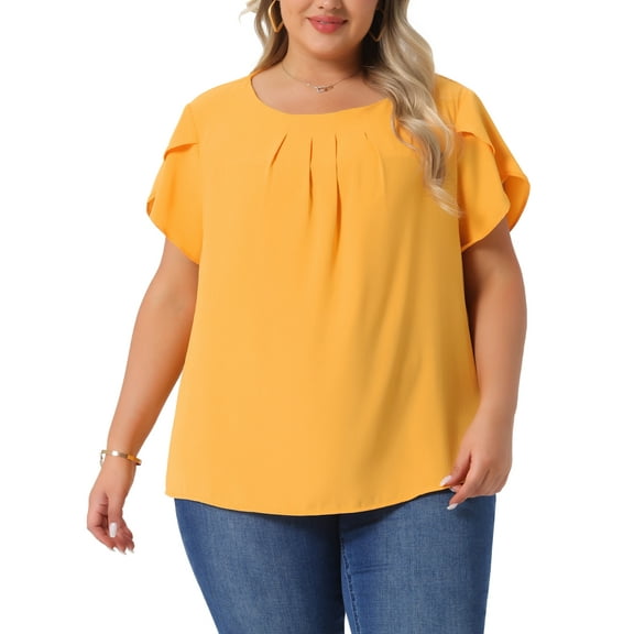 Agnes Orinda Women's Plus Size Work Pleated Short Sleeve Round Neck Tulip Sleeves Summer Blouses 3X Yellow