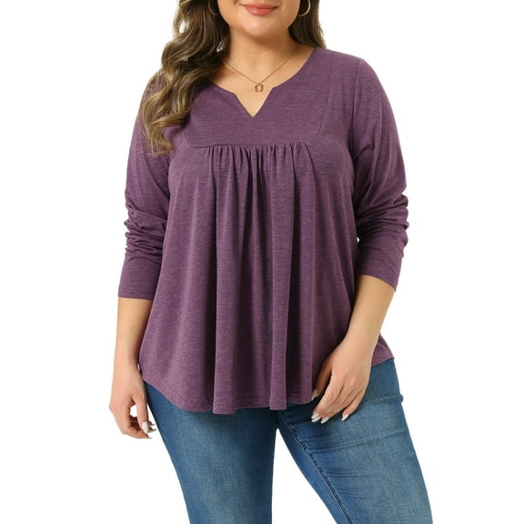 Agnes Orinda Women's Plus Size St. Patrick's Day Tops Women Long Sleeve Notched Neck Front Pleated T-Shirt Blouses 3X Purple