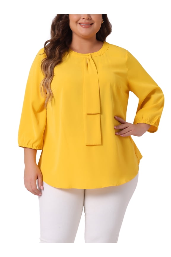 Women's Plus Size Tops Work Round Neck Ruffle Chiffon Blouse Office Top 2X Yellow