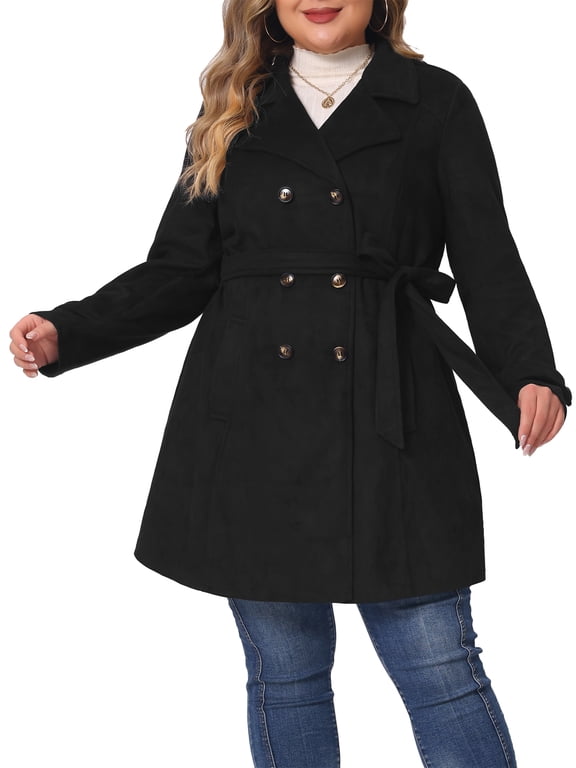 Women's Plus Size Coat Faux Suede Double Breasted Belted Coat Fall Winter Jacket 1X Black