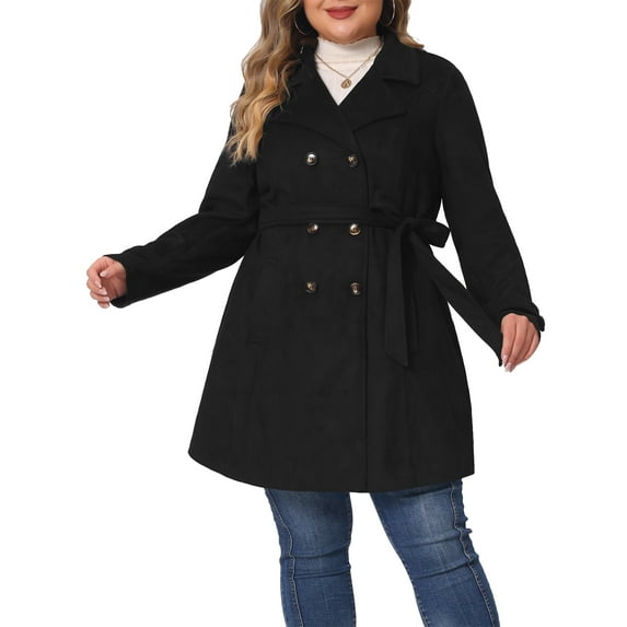 Agnes Orinda Women's Plus Size Coat Faux Suede Double Breasted Belted Coat Fall Winter Jacket 3X Black