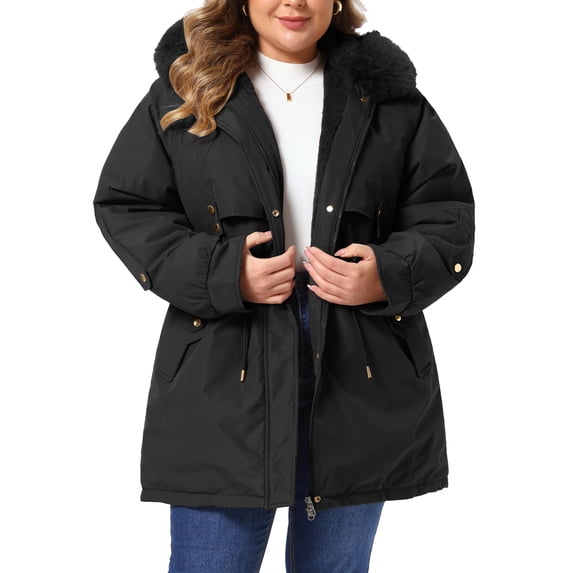 Agnes Orinda Women's Plus Size Trench Coats Drawstring Waist Zipper Rain Windbreaker Detachable Hood Winter Jackets with Pocket 2X Black