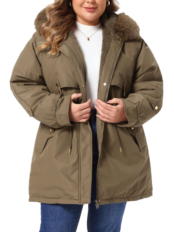Women's Plus Size Trench Coats Drawstring Waist Zipper Rain Windbreaker Detachable Hood Winter Jackets with Pocket 2X Coffee
